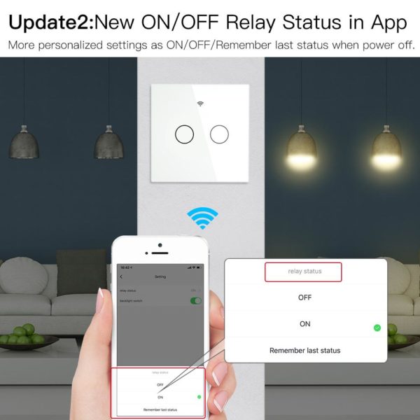 Fehér érintőkapcsoló, két gombos nulla nélküli - WIFI-vel, smart home rendszerekhez (WS-EUL2-W) - Image 2