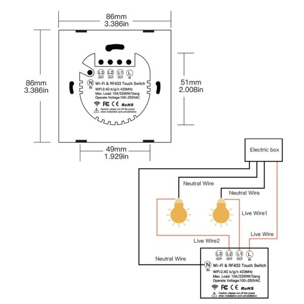 Fekete érintőkapcsoló, három gombos - WIFI-vel, smart home rendszerekhez (WS-EU3-RFB) - Image 2